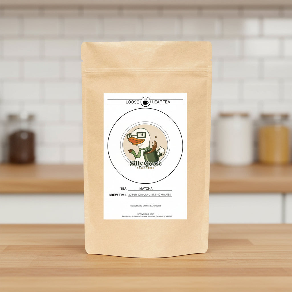 Loose leaf tea package with a label on a white background-Matcha