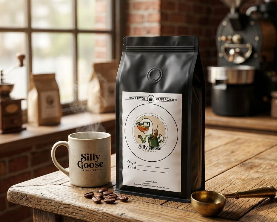 Silly Goose Coffee bag and mug on a wooden table with a brick wall background