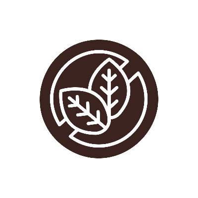 Brown icon with two interlocking leaves on a white background