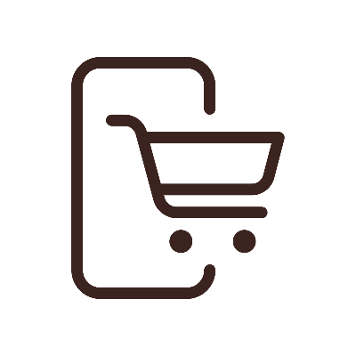 Green icon of a smartphone with a shopping cart on a white background