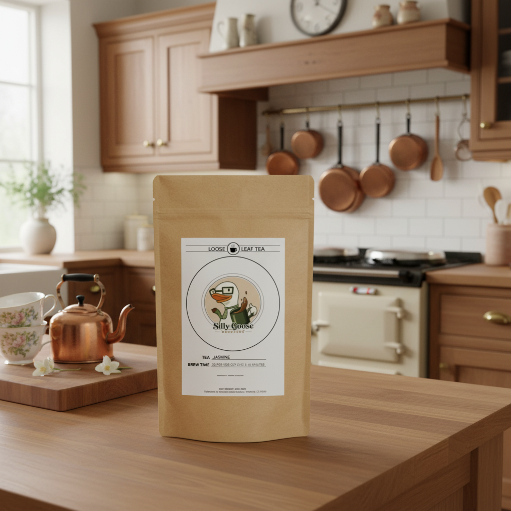 Silly Goose Jasmine Blossom Loose Leaf Green Tea kraft packaging mockup in a kitchen setting.