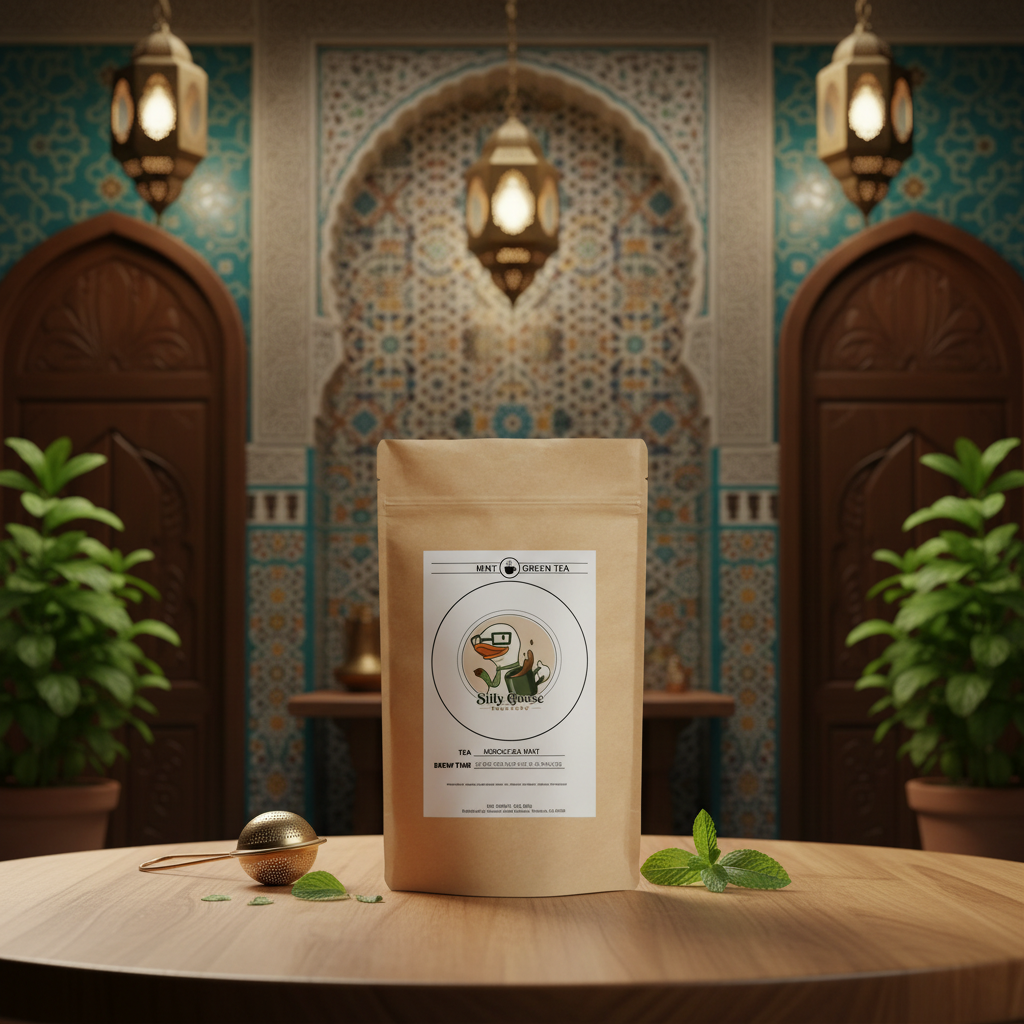 A kraft paper pouch of Darjeeling Tea stands on a wooden table in a decorative room with teal patterned tile, hanging lanterns, and potted plants.