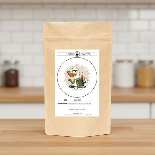 Loose leaf tea package with a label on a white background-Matcha