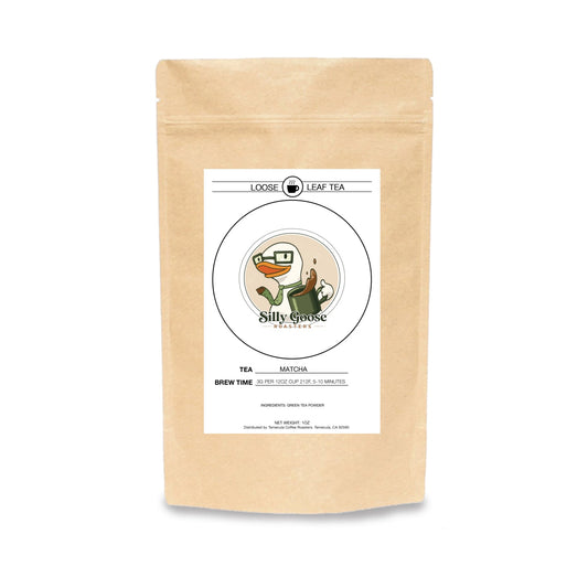 Matcha Loose leaf tea package with a label on a white background