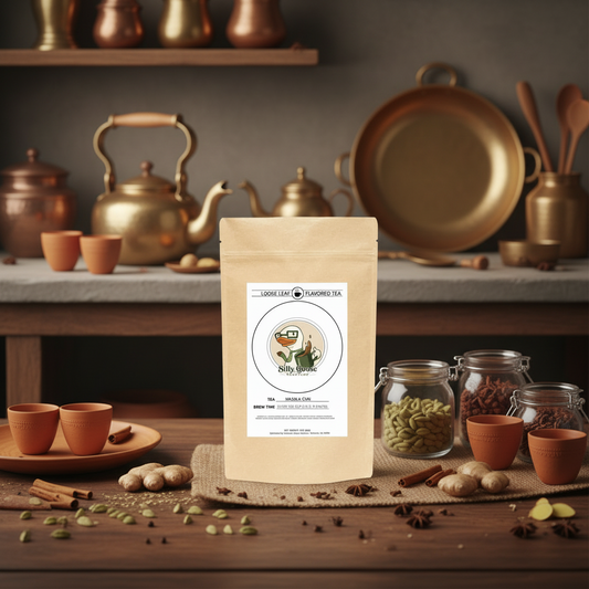 A kraft paper stand-up pouch labeled 'Saffron' stands on a table in a rustic kitchen setting with brass cookware, clay cups, spice jars, ginger, cinnamon, and cardamom seeds.