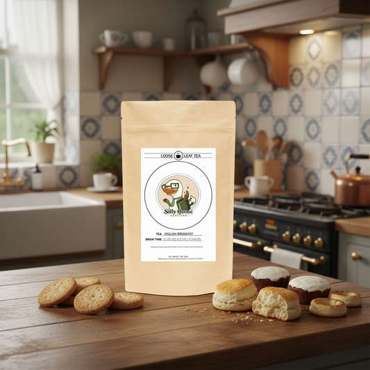 Loose leaf tea package with a label on a white background