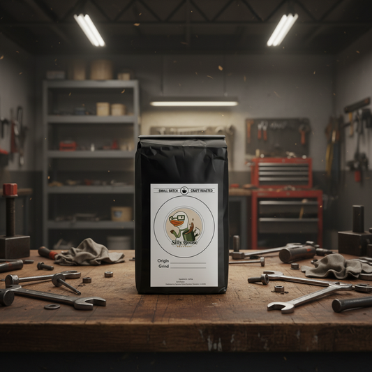 Black Silly Goose Roasters coffee bag on a wooden workbench in a workshop setting