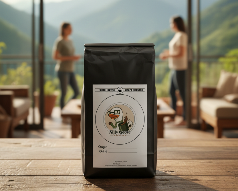 A black bag of coffee stands on a wooden table in a bright indoor setting with a blurred mountain landscape visible through large windows behind it. The bag has a white front label with a circular logo and the text 'Small Batch' and 'Coffee Roasted'.