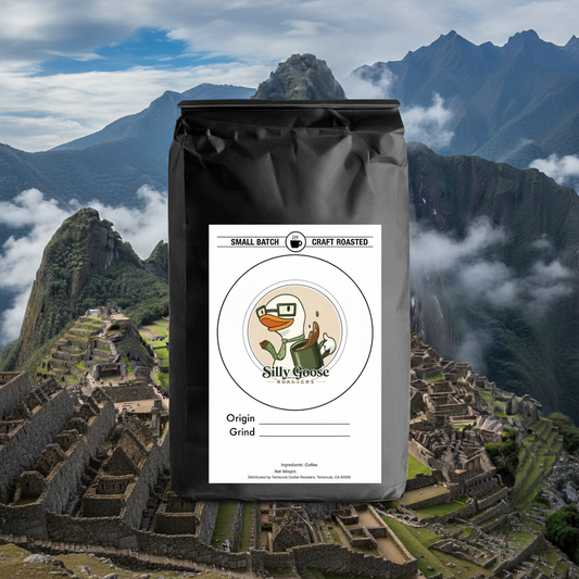 Silly Goose Roasters Pip's No Jitters Peru Decaf Single Origin coffee bag mockup with Machu Picchu background.