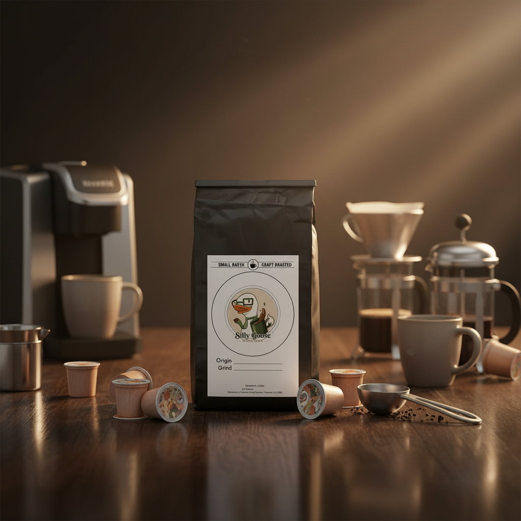 A black coffee bag with a white label reading 'Small Batch Fair Trade' stands on a wooden table surrounded by coffee-making items, including a grinder, mugs, a pour-over set, and coffee capsules, under warm spotlighting.