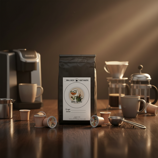 A black coffee bag with a white label reading 'Small Batch Fair Trade' stands on a wooden table surrounded by coffee-making items, including a grinder, mugs, a pour-over set, and coffee capsules, under warm spotlighting.