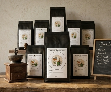 Collection of coffee bags with labels on a wooden surface and wall background