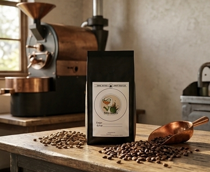 Coffee bag with beans and scoop on a wooden table in a coffee shop setting