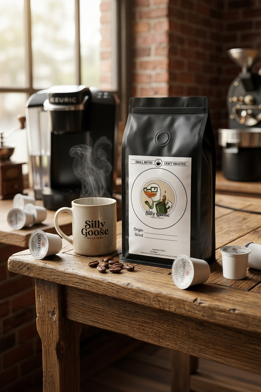 A bag of Silty Goose Organic Coffee, Origin: Bend, Oregon, stands on a rustic wooden table next to a mug of steaming coffee and several coffee pods, with a coffee maker and brick wall in the background.